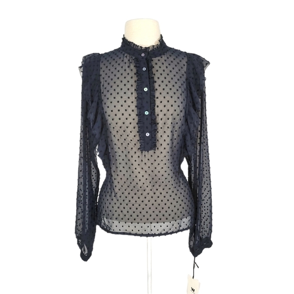 NWT Worth Navy Blue Sheer Swiss Dot Ruffle Blouse - Picture 1 of 6